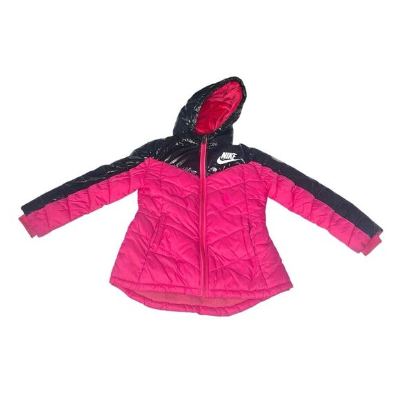 Nike Little Kid Girls Colorblock Hooded Puffer Jacket Size 4 XS Pink Black - Picture 1 of 13